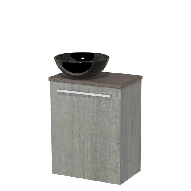 Toiletmeubel met waskom | 41 cm Grijs eiken Vlak front Hoogglans zwart Keramiek waskom Donkerbruin eiken blad TMK10-04403