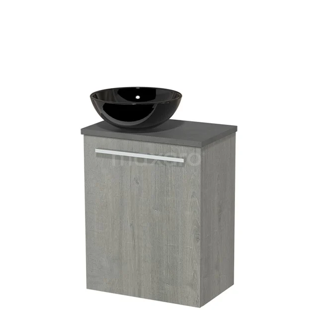 Bathroom unit grey wood-look with black basin bowl, compact design, ideal for modern bathroom design.