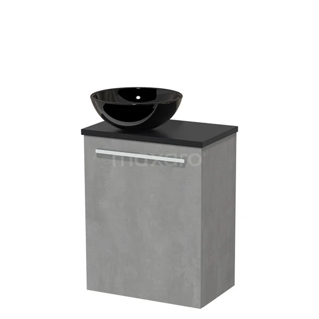 Toiletmeubel met waskom | 41 cm Lichtgrijs beton Vlak front Hoogglans zwart Keramiek waskom Mat zwart blad TMK10-04409