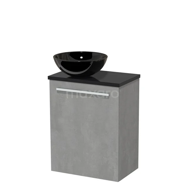 Toilet unit with wash basin | 41 cm Light grey concrete Flat front Flat front High-gloss black Ceramic wash basin High-gloss black worktop TMK10-04414 Grey bathroom cabinet with black basin worktop and round black countertop wash basin, modern design, ideal for compact bathrooms.