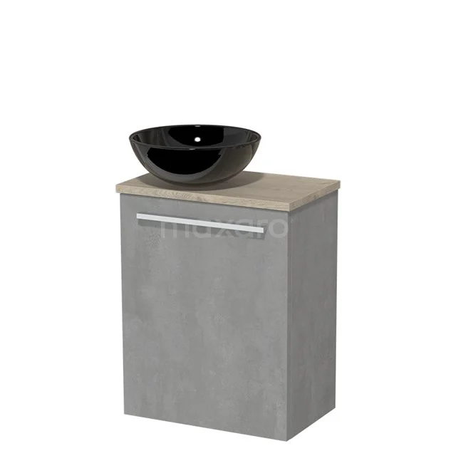 WC-Möbel mit Aufsatzwaschbecken | 41 cm Hellgrauer Beton Glatte Front Hochglanz Schwarz Aufsatzwaschbecken aus Keramik Hellgraue Eiche TMK10-04416 Grauer Badschrank mit Holzplatte und schwarzem Aufsatzwaschbecken, modernes Design für kompakte Badezimmeranordnung.