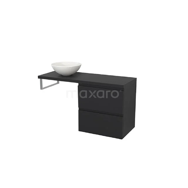 Schwarze Badmöbelset mit zwei Schubladen und einem weißen runden Waschbecken, modernes Design und metallische Details.