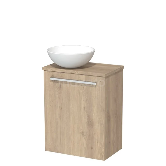 Holz Badschrank mit weißem Aufsatzwaschbecken, modernes Design, Soft-Close-Schublade, ideal für stilvollen Stauraum im Badezimmer.