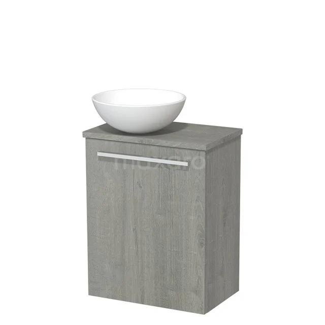 Grey wooden bathroom cabinet with white countertop wash basin, modern finish and sleek design for a stylish bathroom interior.
