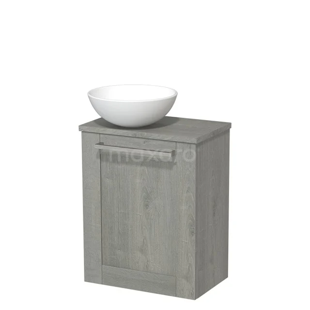 WC-Möbel mit Aufsatzwaschbecken | 41 cm Grau Eiche Rahmen Front Matt Weiß Keramik Aufsatzwaschbecken Grau Eiche Platte TMK10-06957 Grau Holz Badschrank mit weißem Aufsatzwaschbecken, kompaktes Design ideal für kleine Bäder.