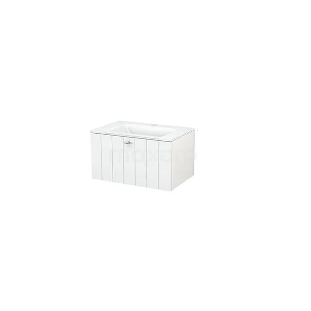 Modulo+ Vanity units with basin | 70 cm High-gloss white Slat front Glass 1 drawer BMP001206 White plastic bathroom storage box with lid, compact design and ribbed structure for stylish and practical organisation.