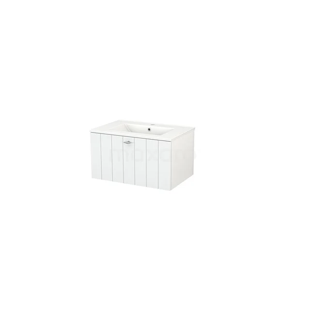 White vanity unit with vertical lines, glossy finish and ceramic basin, ideal for a modern bathroom.