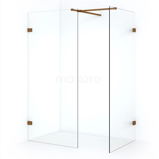 Glazen douchewand met messingkleurige details, hoekvormig design, ideaal voor een moderne badkamer.