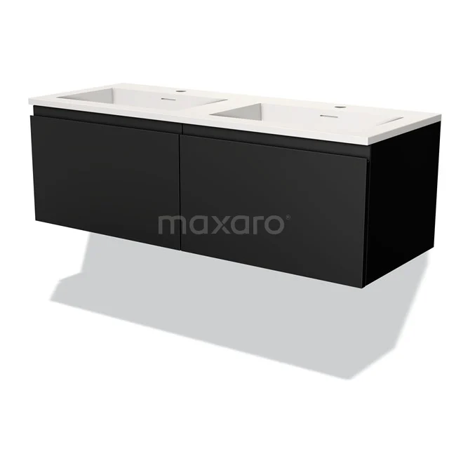 Black double basin bathroom cabinet with white basin, modern design, ideal for stylish and practical bathroom design.