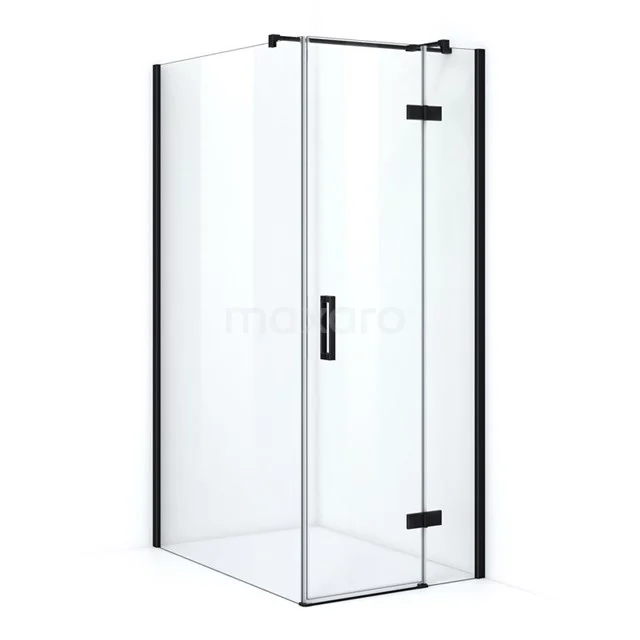 Glass shower enclosure with black profiles, corner model, ideal as a stylish and modern bathroom solution.