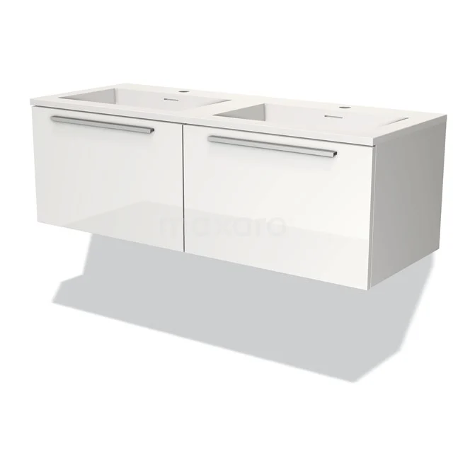 Double white vanity set with glossy finish and metal handles, ideal for modern bathroom design.
