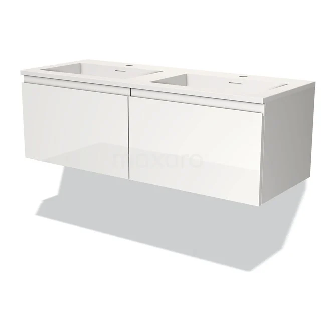 Badmöbel 120cm Modulo Hochglanz Weiß 2 Schubladen Griffloses Waschbecken Solid Surface BMW12-00591 Weißes schwebendes Badmöbel mit Doppelwaschbecken, minimalistisches Design, hochwertige Verarbeitung für moderne Bäder.