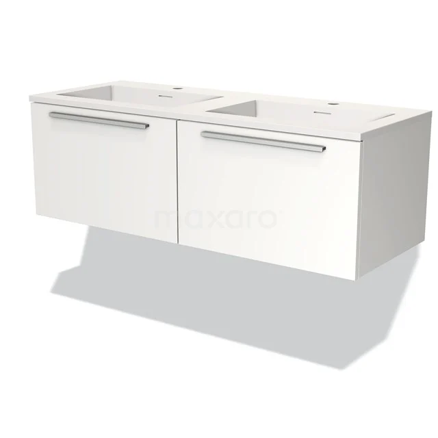 Wit tweepersoons badkamermeubel met een strakke wandmontage en minimalistisch design, ideaal voor moderne badkamers.