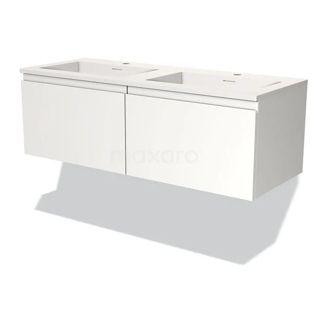Wit badkamermeubel met twee wastafels, modern hangend design, glanzend afwerking; ideaal voor een stijlvolle badkamer.