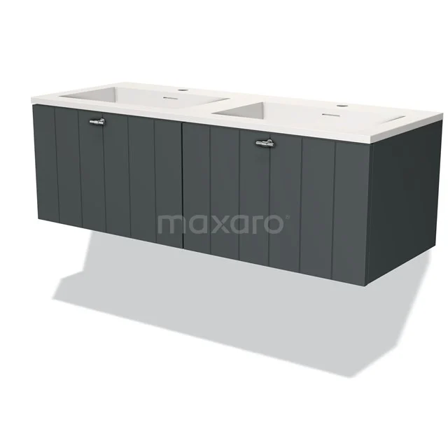 Dubbel wastafelmeubel met donkergrijze houten afwerking, witte keramische waskommen; strak design voor de moderne badkamer.