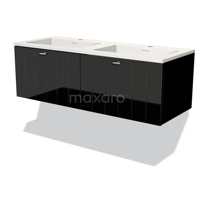 Zwevend badkamermeubel, glanzend zwarte kast met dubbele witte wastafel, modern design, ideaal voor een stijlvolle badkamer.