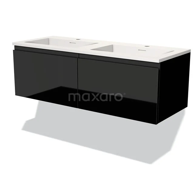 Zwart zwevend badkamermeubel met dubbele wastafel, modern design, glanzende afwerking en ruim opbergvak.