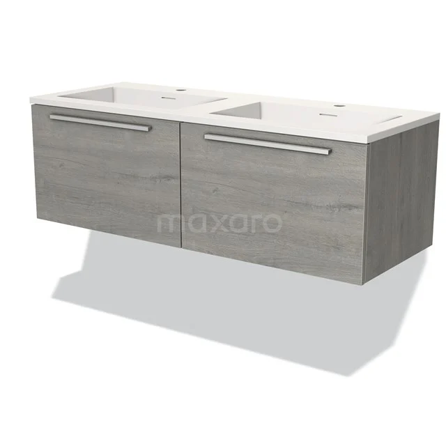 Moderne hangende badkamermeubelset met dubbele wastafel, grijs eikenhout look, twee lades met metalen handgrepen.