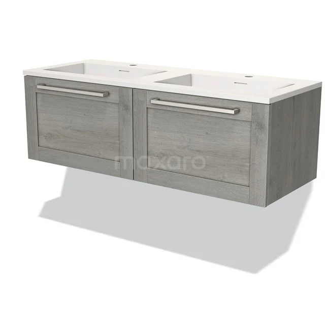 Dubbele badkamermeubelset, grijs houtlook, met twee keramische wastafels en softclose-lades voor moderne badkamers.