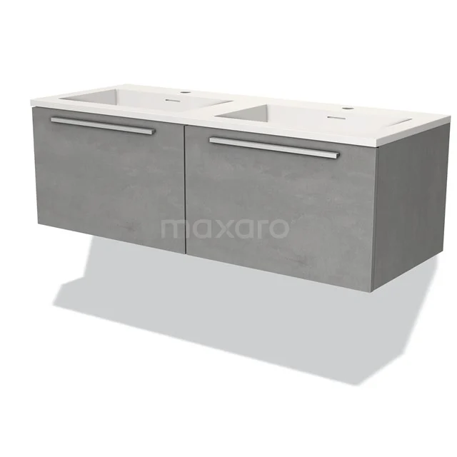 Grijze hangende badkamerkast met dubbele witte wastafel, moderne look, houtnerf patroon.