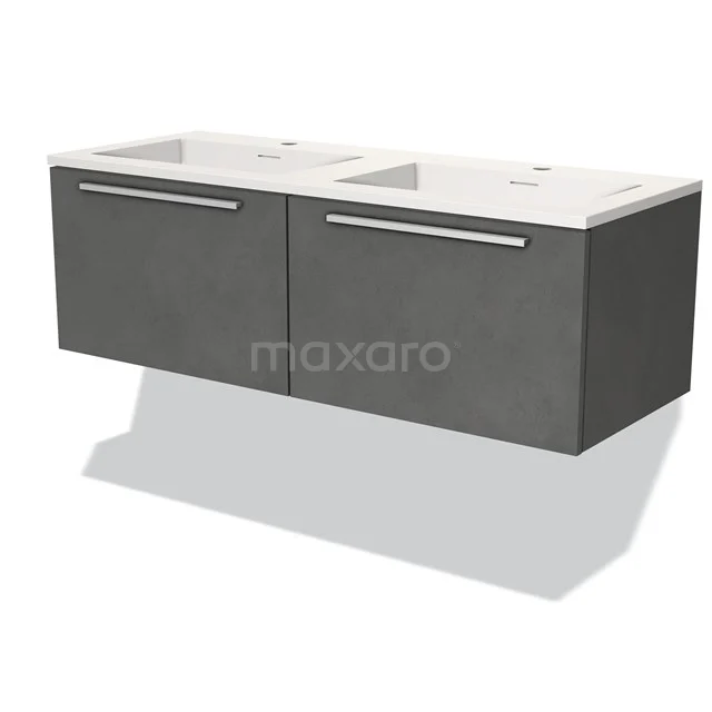 Donkergrijze, hangende dubbele wastafelmeubelset met strakke ladegrepen en keramische wastafel, ideaal voor moderne badkamers.