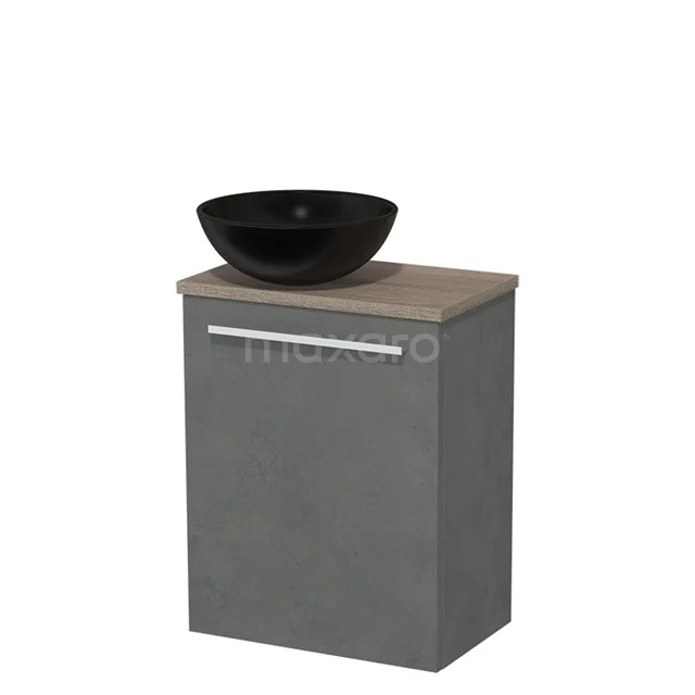 Toilet unit with countertop wash basin | 41 cm Dark grey concrete Flat front Matte black Ceramic wash basin Oak worktop TMK10-03440