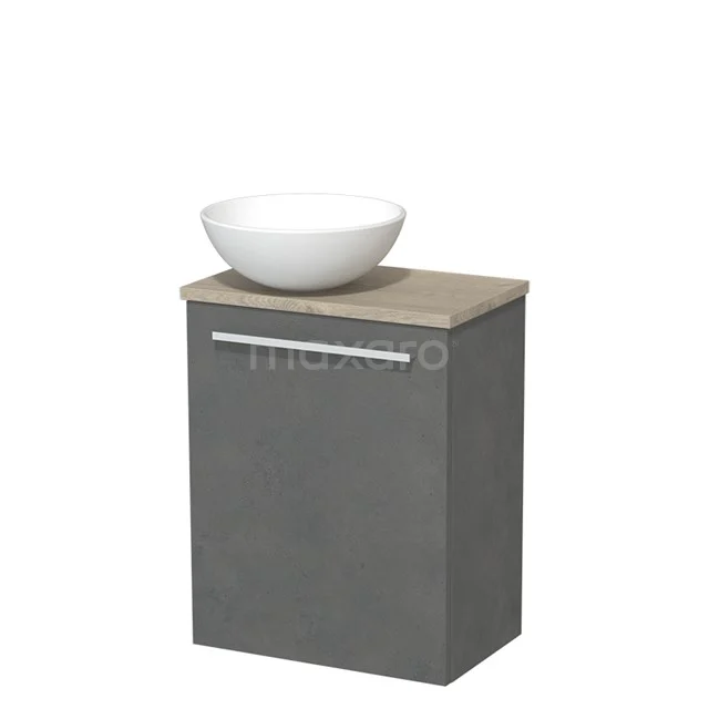 Toilet unit with countertop wash basin | 41 cm Dark grey concrete Flat front Matte white Ceramic wash basin Light grey oak worktop TMK10-03935