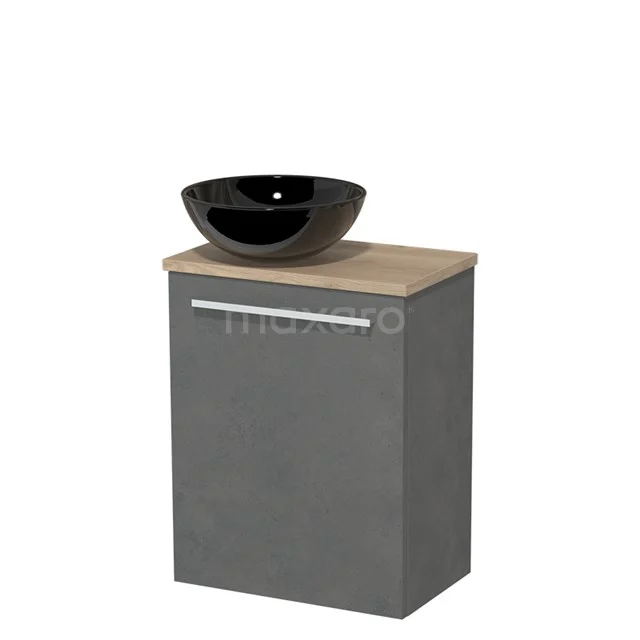 Toiletmeubel met waskom | 41 cm Donkergrijs beton Vlak front Hoogglans zwart Keramiek waskom Lichtbruin eiken blad TMK10-04430