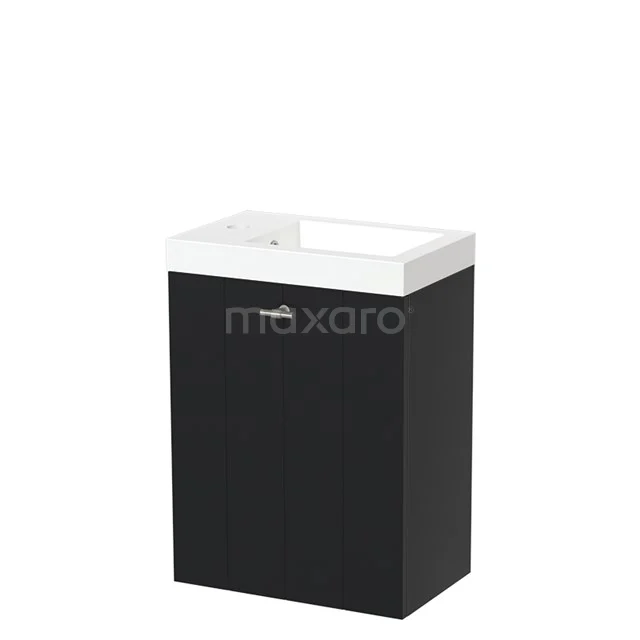 Compacte zwarte badkamermeubel met witte wasbak, strak design en opbergmogelijkheden. Perfect voor een moderne badkamer.