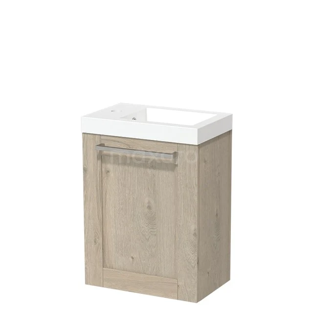 Kompakter Badschrank aus Eiche mit integriertem weißen Waschbecken, ideal für moderne und kleine Badezimmereinrichtungen.