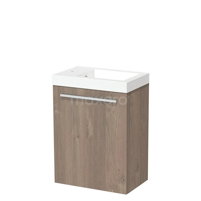 Kompakte Holz-Badmöbel mit weißem Waschbecken und metallischem Haltegriff, ideal für moderne Badezimmergestaltung.