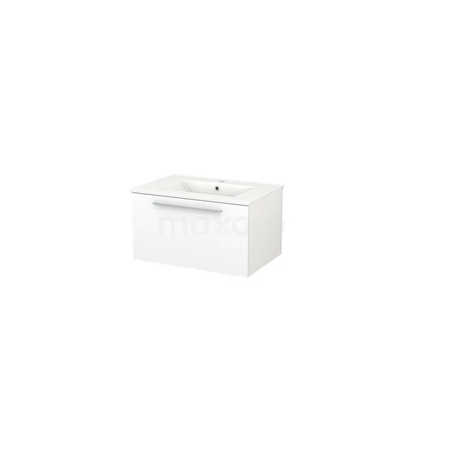 White bathroom furniture set with basin, modern rectangular shape, drawers with silver handle, ideal for a stylish bathroom.