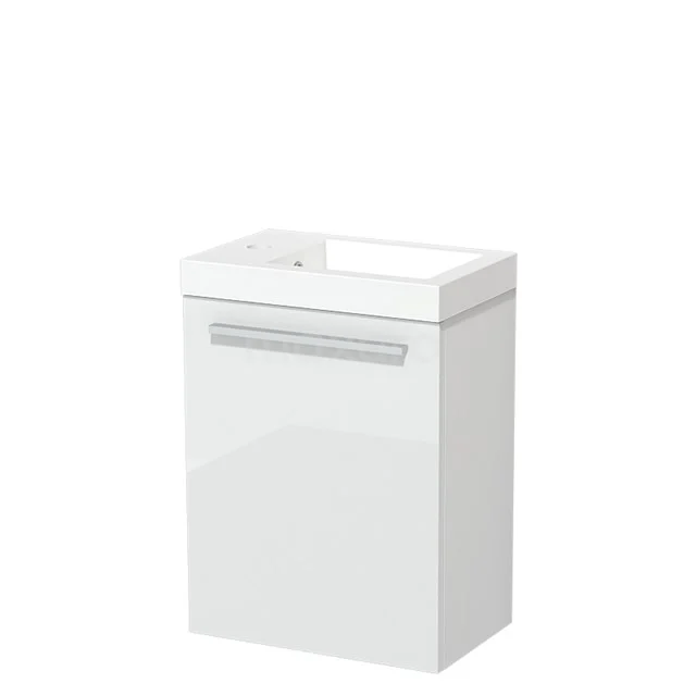 Weißes Badezimmermöbel mit glänzender Oberfläche, integrierter Waschbecken und verchromtem Haltegriff, kompaktes Design für kleine Bäder.