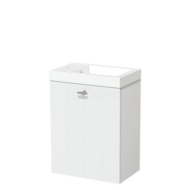 Weißes Badezimmermöbel mit integrierter Waschbecken, modernes Design, ideal für kompakte Bäder.