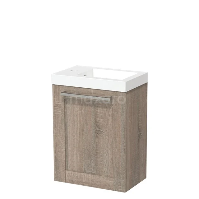 Holz-Badmöbel mit Waschbecken, Eichenfarbe, kompaktes Design und metallischem Haltegriff, perfekt für kleine Bäder.