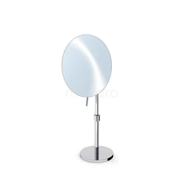 Round silver table mirror with adjustable stand, ideal as a makeup mirror for use in the bathroom.