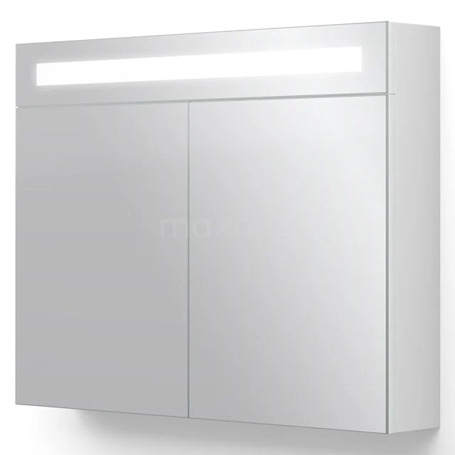 White bathroom cabinet with mirrored doors, built-in LED lighting and sleek design, ideal for modern bathrooms.