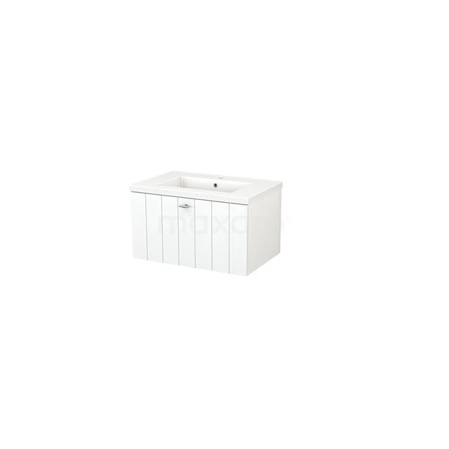 Modulo+ Vanity units with basin | 70 cm Matte white Slat front Ceramic 1 drawer BMP001245 White wooden bathroom unit with vertical panels and integrated vanity units with basin, ideal for stylish bathroom design.