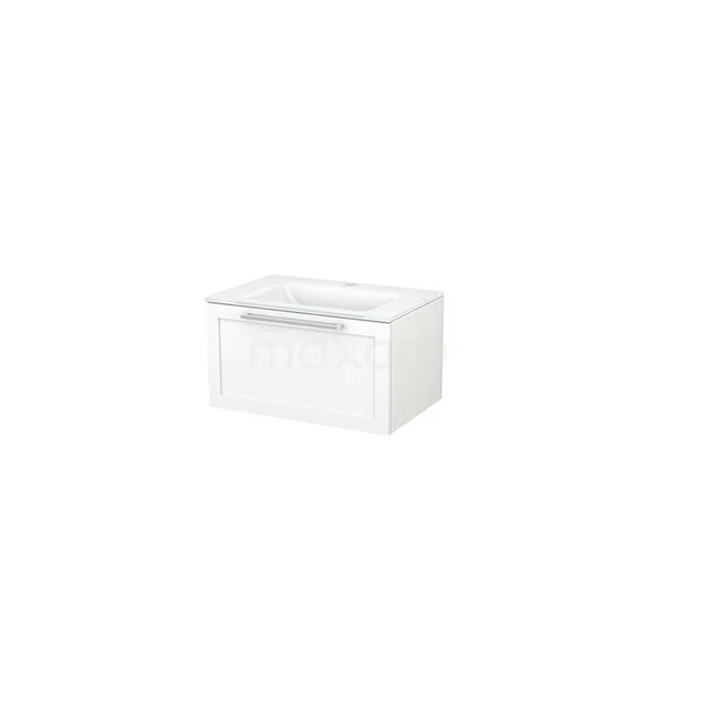White hanging bathroom unit with high-gloss finish, compact design and single drawers, perfect for modern bathrooms.