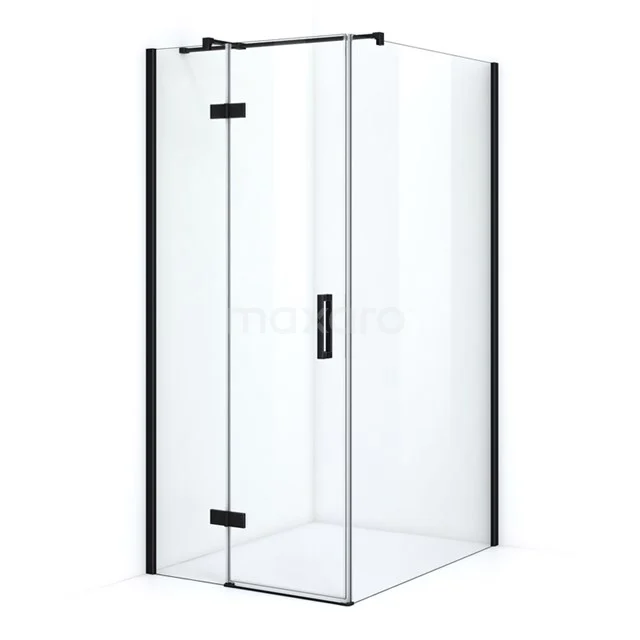 Glass shower enclosure with black details, corner model, sleek design; ideal for a modern bathroom.