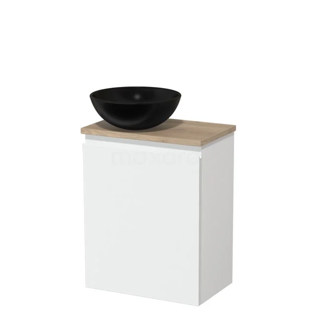 Toilet unit with countertop wash basin | 41 cm Matte white Handleless front Matte black Ceramic basin Light brown oak worktop TMK10-03139