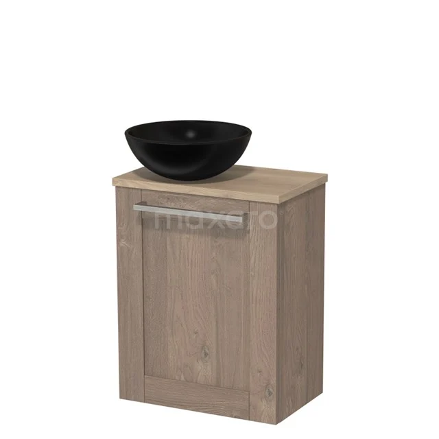 Toilet unit with countertop wash basin | 41 cm Mid brown oak Frame Fronts Matte black Ceramic wash basin Light brown oak worktop TMK10-03360