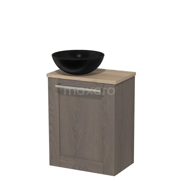 Grau Holz Badmöbel mit Schwarz Aufsatzwaschbecken, kompaktes Design, ideal für kleine Bäder.