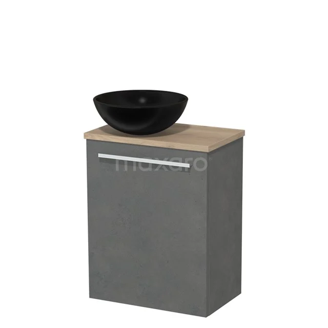 Toilet unit with countertop wash basin | 41 cm Dark grey concrete Flat front Matte black Ceramic wash basin Light brown oak worktop TMK10-03442