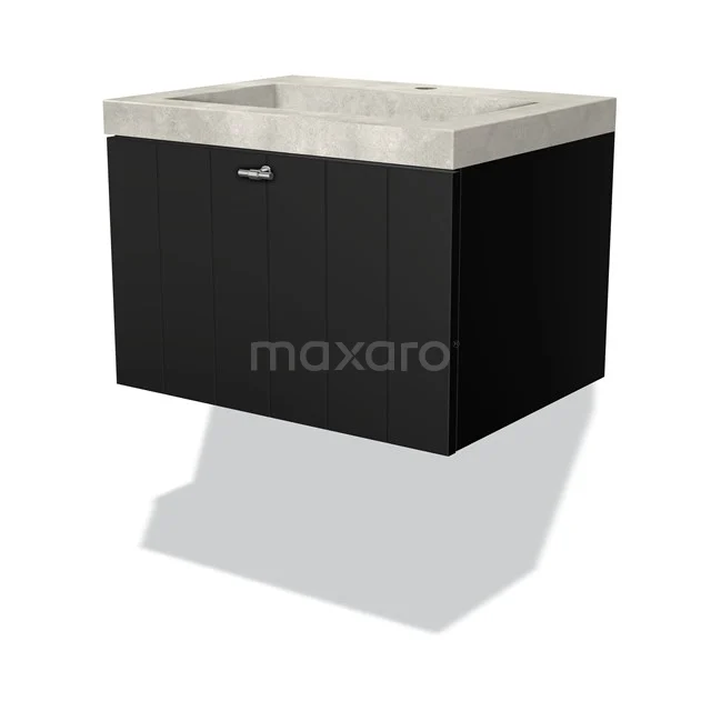 Black bathroom vanity unit with concrete-look basin, sleek design, suitable for modern bathrooms.