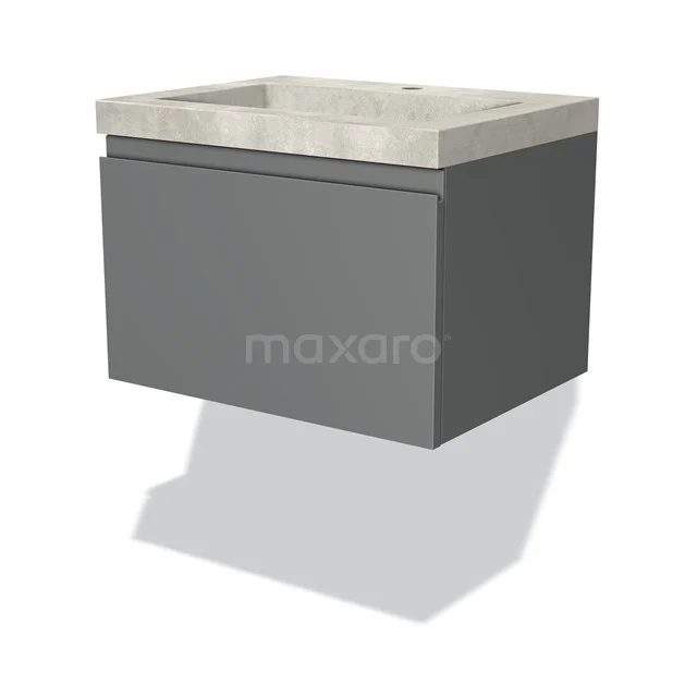 Graues schwebendes Badezimmermöbel mit matter Oberfläche, betontem Waschbecken und minimalistischem Design.