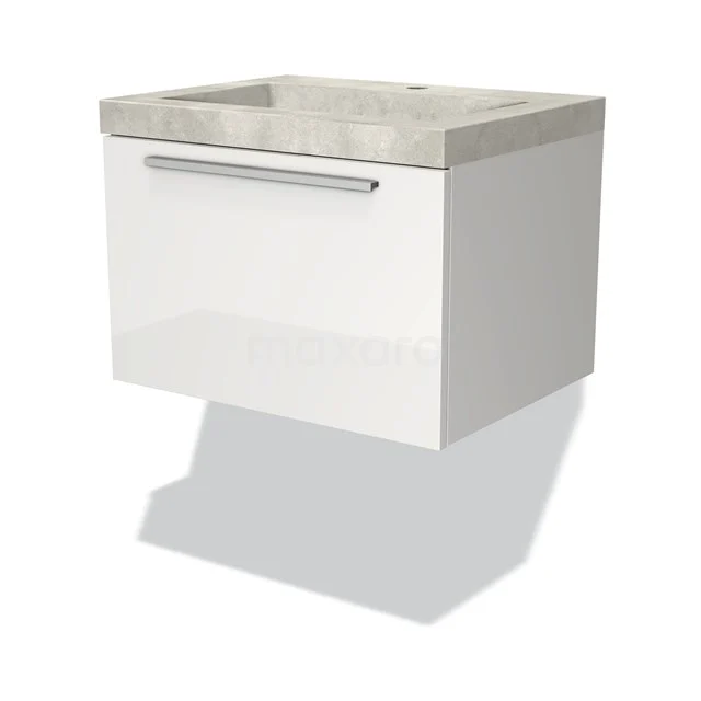 Modulo Bathroom furniture with sink | 60 cm High-gloss white Flat front Concrete 1 drawer BMW11-02279 White hanging bathroom cabinet with concrete-look basin, minimalist design and integrated handle.