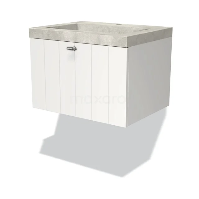 Weißes hängendes Badmöbel mit Holzfront, graue Beton-Waschtischplatte und Softclose-Tür, modernes und kompaktes Design.