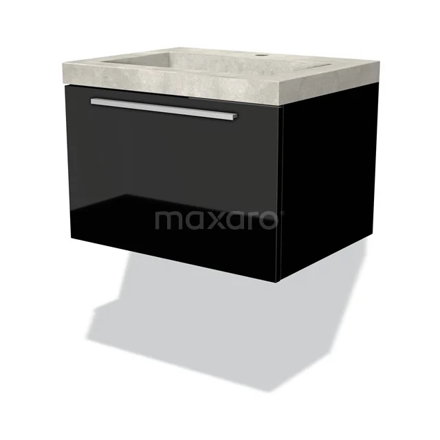 Schwarzer schwebender Badschrank mit Beton Waschbecken, modernes Design und chromfarbener Haltegriff.