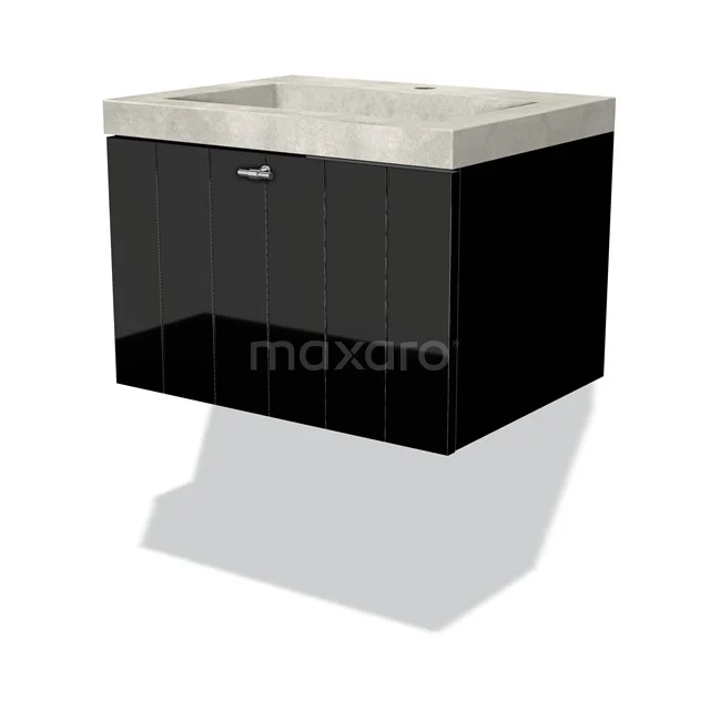 Schwarzes schwebendes Badmöbel mit Hochglanzoberfläche und Betonlook Waschbecken, modernes Design.